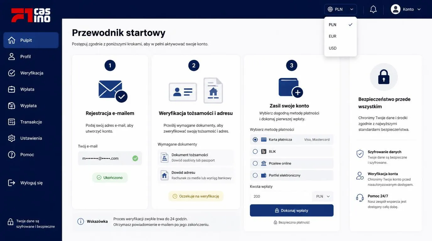 Ekran rejestracji z etapami potwierdzenia adresu e-mail, weryfikacji dokumentów i bezpiecznej wpłaty